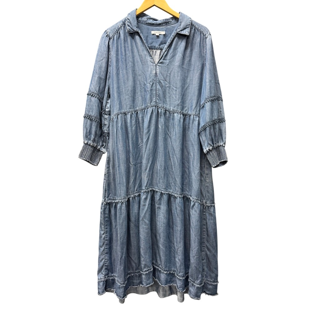 Chico's Midi Dress Womens 10 Tencel Tiered Denim Chambray Blue Boho Cottagecore